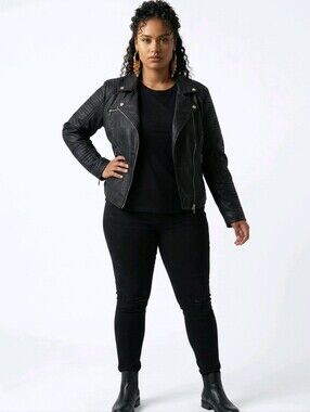 FIRSTWAY Black Faux Leather Moto Jacket Women's XXL Biker Zip